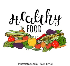 Healthy food. Vector vegetables. Vector lettering with vegetables