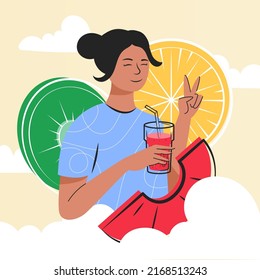 Healthy food. Vegan and diet nutrition. Vitamin beverage. Vegetarians concept. Health green vegetable cocktail with fruits and herbs. Happy woman drinks smoothie. Vector illustration