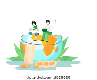 Healthy food, vegan, vegetarian and care for nature vector concept with people sitting on the globe with plants and peanuts on white background. Healthy lifestyle, organic and natural nutrition