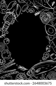 healthy food vegetable and aquatic animal background. hand-drawn vector on black