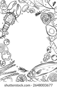 healthy food vegetable and aquatic animal background. hand-drawn vector on white