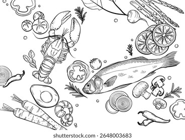 healthy food vegetable and aquatic animal background. hand-drawn vector on white