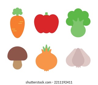 Healthy food vegetable icon illustration set. Garlic, carrot, onion, bell pepper, mushroom.