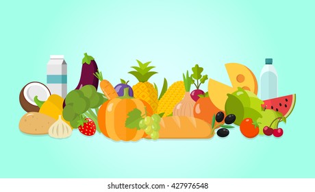 healthy food vegetables fruit bread flat design isolated on blue background