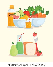 healthy food, vegetables, fruits, bread and juices bottled vector illustration design