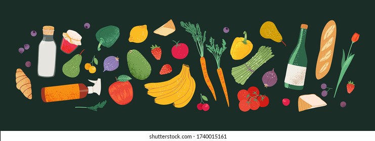 Healthy food, vegetables and fruits, dairy products vector icons set. Healthy eating illustration. Vegetables, fruits from the local store, market, farm: strawberry, onion, cheese, wine, asparagus.