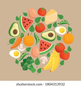 healthy food, vegetables and fruits in round frame vector illustration design
