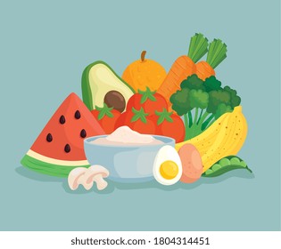 healthy food, vegetables with fruits and food vector illustration design