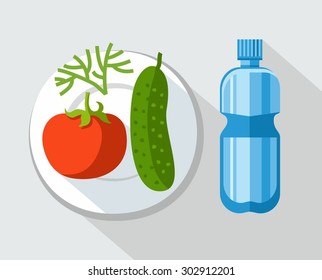 Healthy food, vegetables, water, color illustration. On a gray table is a bottle of water and a white plate with tomato, cucumber and dill. Colored illustration.  