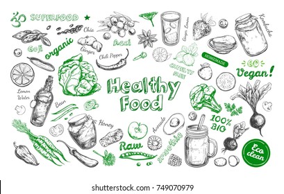 Healthy food. Vegetarian Big Set. Vector hand drawn isolated elements on white. Sketch style