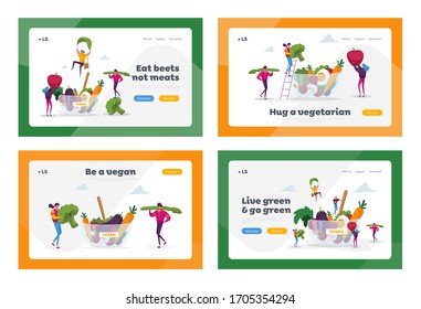 Healthy Food, Vegetarian Diet Landing Page Template Set. Tiny Characters at Huge Bowl with Fruits, Vegetables and Eggs. Healthy Lifestyle, Organic Vegan Choice. Cartoon People Vector Illustration