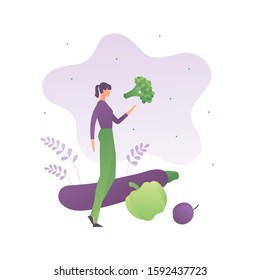 Healthy food vegetarian female concept. Vector flat people llustration. Woman holding vegetables and fruits isolated on white. Design element for banner, background, web, infographic.