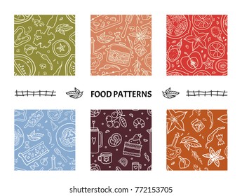 Healthy food, vegetarian. Seamless patterns set with vegetables, fruit, dessert, spices, pasta, drinks, utensils. Hand drawn vector illustration. Can be used for wrapping paper, banner, menu and other