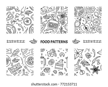 Healthy food, vegetarian. Seamless patterns set with vegetables, fruit, dessert, spices, pasta, drinks, utensils. Hand drawn vector illustration. Can be used for wrapping paper, banner, menu and other