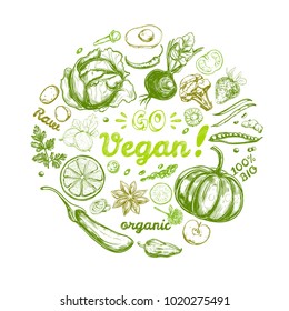Healthy food. Vegetarian Set. Vector hand drawn isolated elements . Sketch style