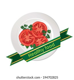 Healthy food vegetarian sign. Slice tomatoes salad on plate