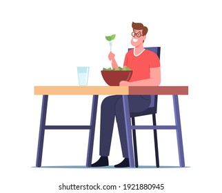 Healthy Food, Veggies Nutrition, Vegetarian In Restaurant With Natural Food. Happy Male Character Sit At Table In Vegan Cafe Or Bar Eat Green Salad And Drink Fresh Water. Cartoon Vector Illustration