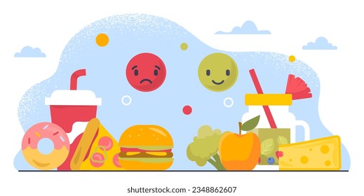 Healthy food versus fast food concept. Fruits and vegetables versus donuts and soda. Cheese and apple versus dessert and delicacy. Healthy and unhealthy eating. Cartoon flat vector illustration