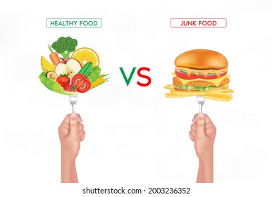 Healthy food versus junk food. Diet nutrition and weight loss Greasy cholesterol and vitamins from fruits vegetables. Choose foods that are beneficial to the body. Medical food concept. 3D Vector