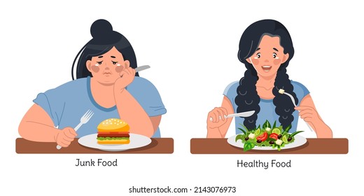 Healthy food versus unhealthy food. The concept of choice. Fat and slender girls. Hamburger or salad. Before and after. Nutrition, diet, healthy lifestyle. Vector illustration