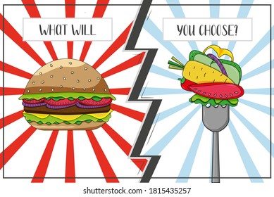 Healthy food vs fast food. Fork with vegetables against a hamburger. Choosing the right food. Healthy lifestyle. Vector illustration. Graphic poster