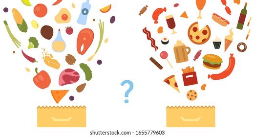 Healthy food vs fastfood. Healthy and unhealthy nutrition.