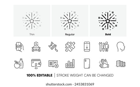 Healthy food, Wallet and Puzzle line icons. Pack of Repairman, Head, Graph chart icon. Paint roller, Reject book, Smartphone cover pictogram. Car charging, Scroll down, Financial app. Vector