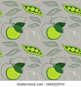 Healthy food wallpaper. Seamless pattern with green vegetables and fruits. Apples and peas.