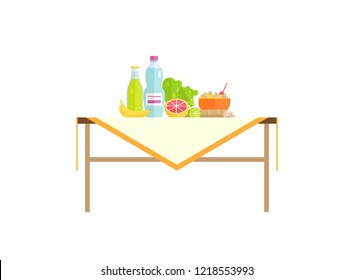Healthy food with water drink on table isolated. Banana and grapefruit, bowl of mushroom porridge, salad leaves cartoon vector illustration isolated.