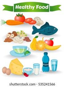 Healthy Food, Water, Nuts, Green Tea, Leaves, Vegetables, Fruit, Beverages, Cheese, Eggs, Natural Yogurt, Milk, Apple, Pear, Orange, Banana, Carrot, Tomato, Edible Mushroom, Vector illustration EPS10