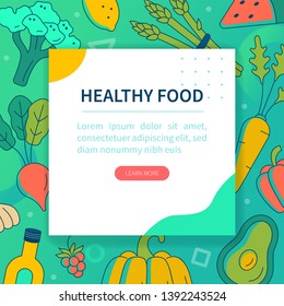 Healthy food web banner with text place. Fresh fruits and vegetables. Vegan balanced diet and healthy eating concept. Flat line vector illustration.