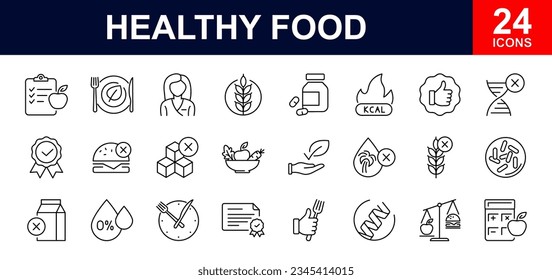 Healthy Food web icons set. Organic Food - simple thin line icons collection. Gluten lactose, and sugar free, not GMO, palm oil, diet and more. Simple web icons set