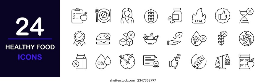 Healthy Food web icons set. Organic Food - simple thin line icons collection. Gluten lactose, and sugar free, not GMO, palm oil, diet and more. Simple web icons set