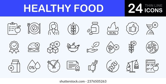 Healthy Food web icons set. Organic Food - simple thin line icons collection. Gluten lactose, and sugar free, not GMO, palm oil, diet and more. Simple web icons set