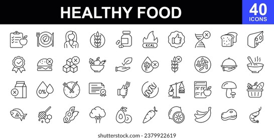 Los iconos de la web de Healthy Food están configurados. Comida orgánica - colección simple de iconos de línea delgada. Lactosa gluten y sin azúcar, no OMG, aceite de palma, dieta y más. Conjunto simple de iconos web