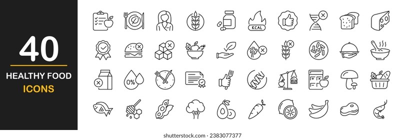 Healthy Food web icons set. Organic Food - simple thin line icons collection. Gluten lactose, and sugar free, not GMO, palm oil, diet and more. Simple web icons set