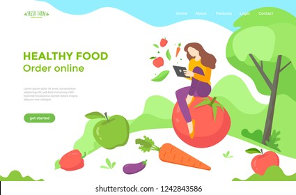 Healthy food web page design template with vegetables and girl with a tablet orders online. Vector flat illustration for landing page