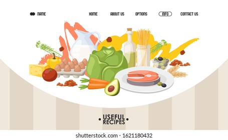 Healthy food website design, vector illustration. Landing page template, diet meal recipes from organic products and local ingredients. Salmon with vegetables for healthy dinner, useful food recipes