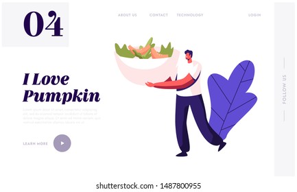 Healthy Food Website Landing Page. Tiny Male Character Carry Huge Plate with Salad Made of Pumpkin for Thanksgiving Day Dinner. Man Cooking Meal Web Page Banner. Cartoon Flat Vector Illustration