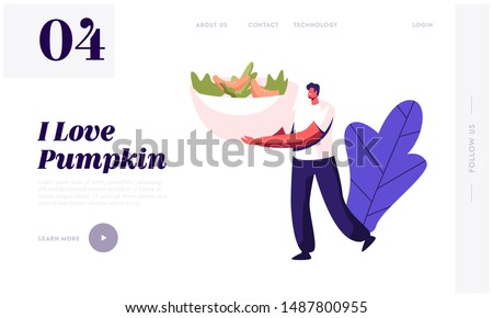 Healthy Food Website Landing Page. Tiny Male Character Carry Huge Plate with Salad Made of Pumpkin for Thanksgiving Day Dinner. Man Cooking Meal Web Page Banner. Cartoon Flat Vector Illustration