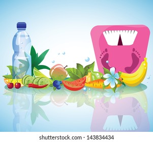 Healthy food and weights composition. Vegetables, fruits and flowers. EPS10  transparent elements.