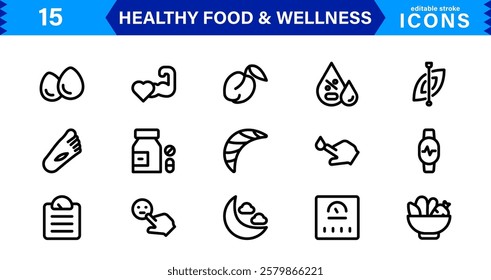 Healthy Food and Wellness Icons. Premium Vector Set with Outline, Minimal, and Flat Illustrations for Nutrition, Fitness,