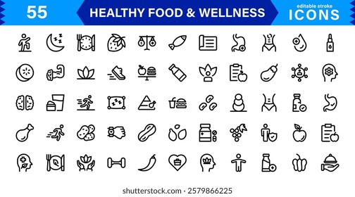 Healthy Food and Wellness Icons. Premium Vector Set with Outline, Minimal, and Flat Illustrations for Nutrition, Fitness,