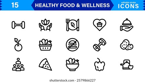 Healthy Food and Wellness Icons. Premium Vector Set with Outline, Minimal, and Flat Illustrations for Nutrition, Fitness,