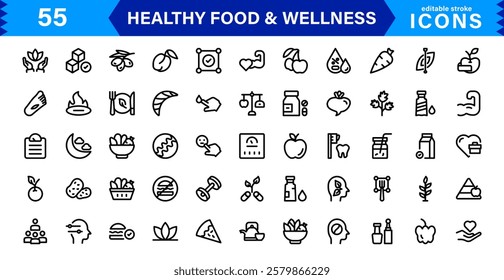Healthy Food and Wellness Icons. Premium Vector Set with Outline, Minimal, and Flat Illustrations for Nutrition, Fitness,
