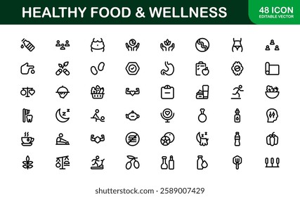 Healthy Food and Wellness Icons Set. Essential Icons for Healthy Eating, Nutrition, and Wellness Lifestyle