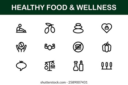 Healthy Food and Wellness Icons Set. Essential Icons for Healthy Eating, Nutrition, and Wellness Lifestyle