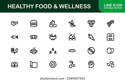 Healthy Food and Wellness Icons Set. Essential Icons for Healthy Eating, Nutrition, and Wellness Lifestyle