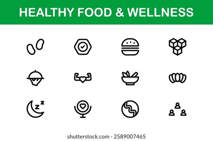 Healthy Food and Wellness Icons Set. Essential Icons for Healthy Eating, Nutrition, and Wellness Lifestyle