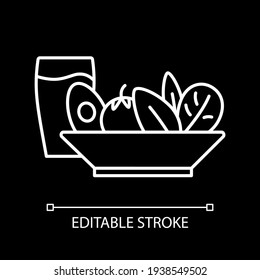 Healthy food white linear icon for dark theme. Dinner meal. Cafe dish. Salad with drink. Thin line customizable illustration. Isolated vector contour symbol for night mode. Editable stroke
